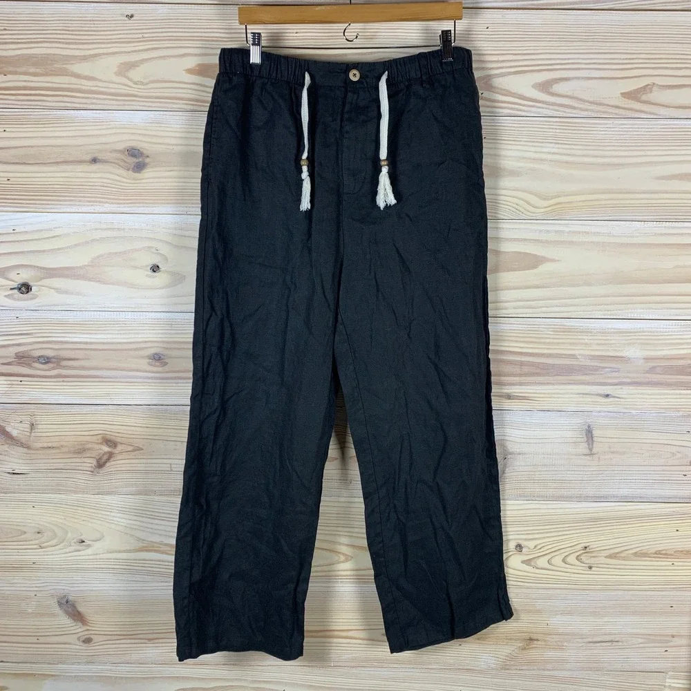 Maamgic Linen Pants Mens XL Black Relaxed Drawstring Lined Trousers Straight Leg